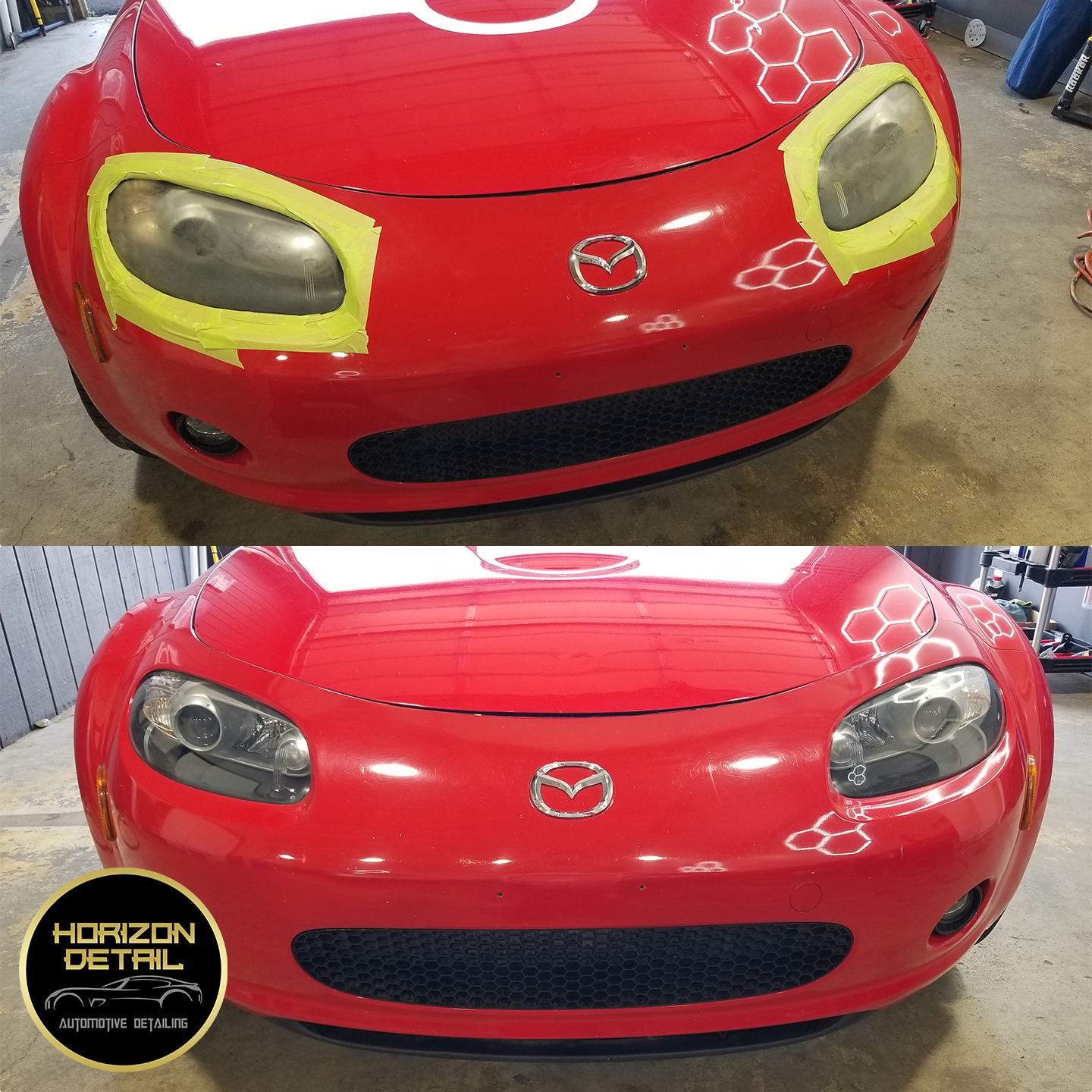Before and after of headlight restoration with ceramic coating application applied.