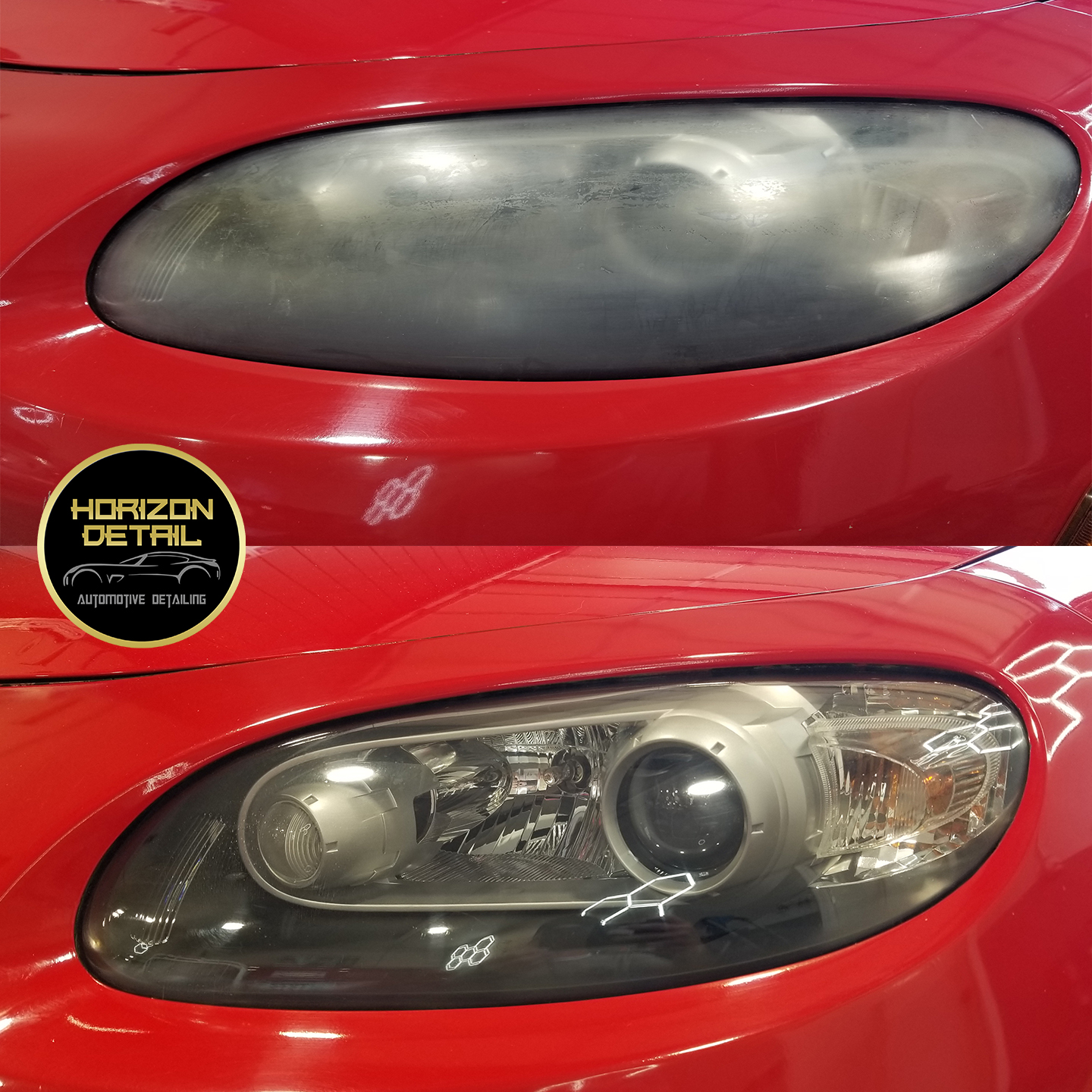 Headlight restoration before and after, driver side from front\side