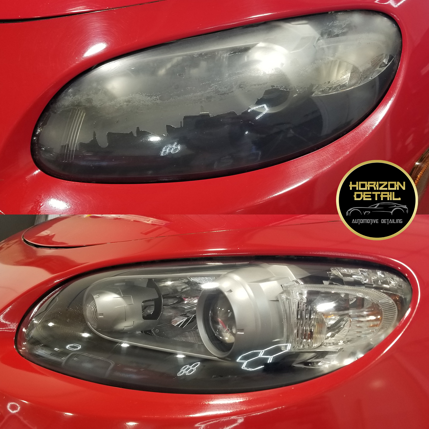 Headlight restoration before and after side angle