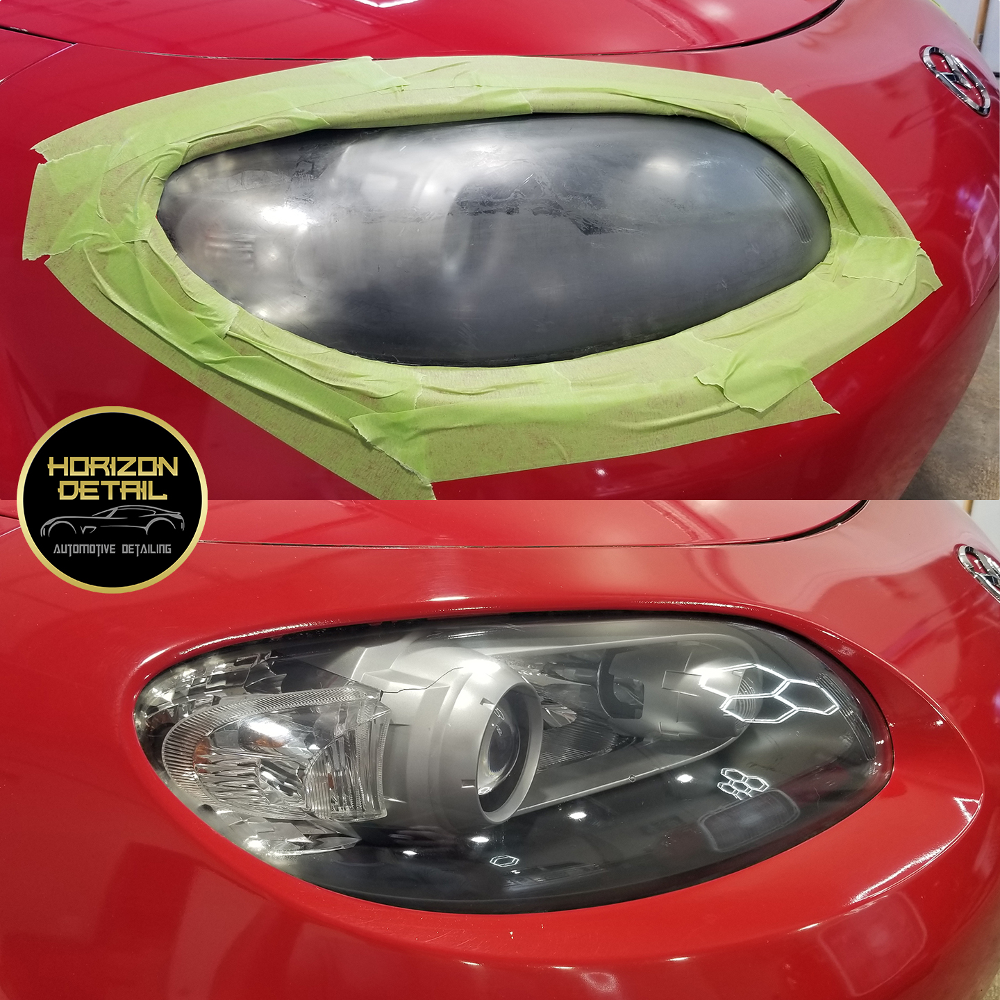 Headlight restoration passenger side before and after front side angle