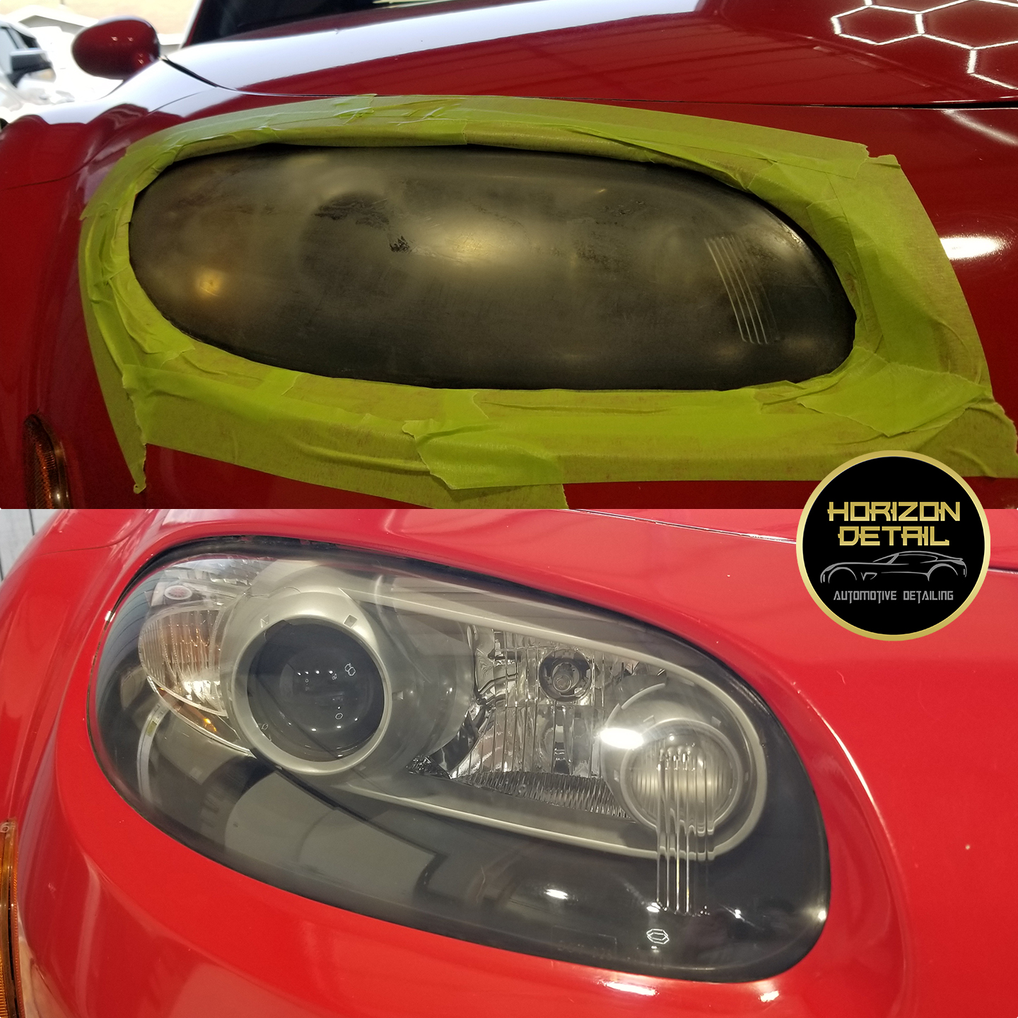 Headlight restoration passenger side before and after front center angle