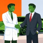 Illustrated image of Ceramic coating client, happy in front of a car shaking the owners hand
