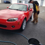 2008 Mazda Miata in for paint correction and ceramic coating decon wash trim brush out and decontamination