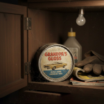 Picture of grandpa's old wax can sitting in a cabinet in the garage